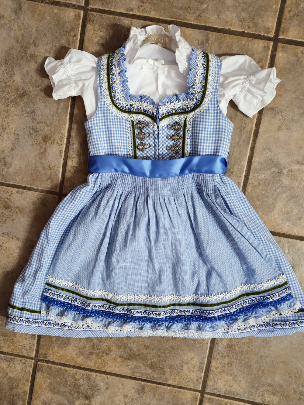 Blue Girls Dirndl Authentic Dress with White Blouse - Traditional Festive Dress